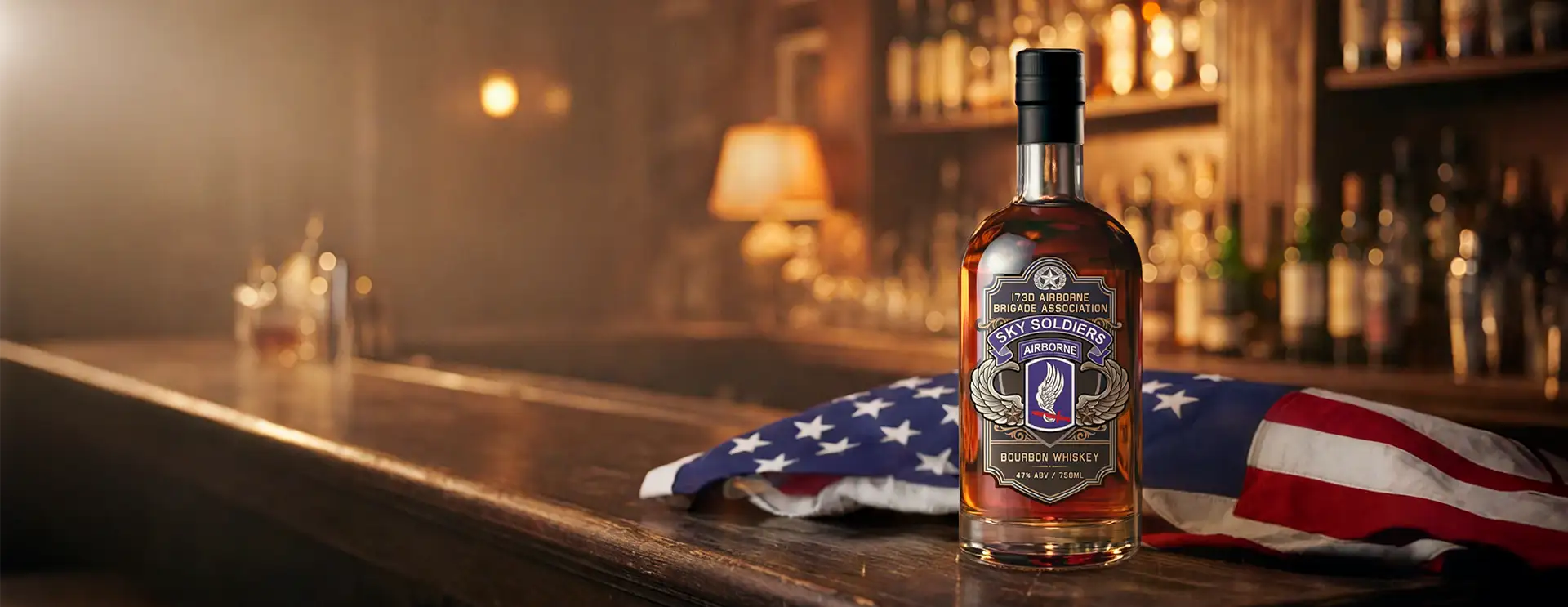 173d Airborne Brigade – Sky Soldiers Bourbon bottle on bar with flag