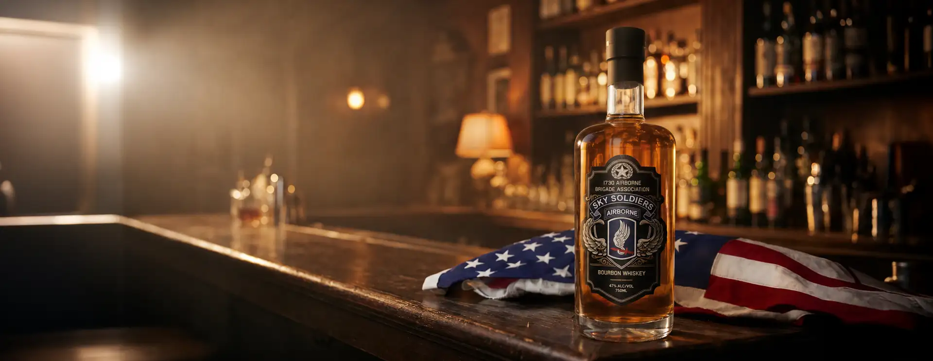 173d Airborne Brigade – Sky Soldiers Bourbon bottle on bar with flag